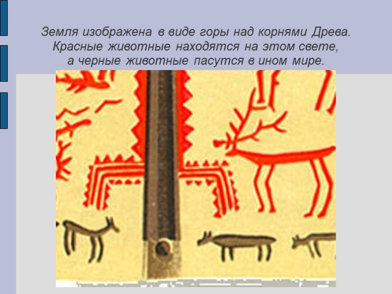 Земля изображена в виде горы над корнями Древа. Красные животные находятся на этом свете, Земля изображена в виде горы над корнями Древа. Красные животные находятся на этом свете,